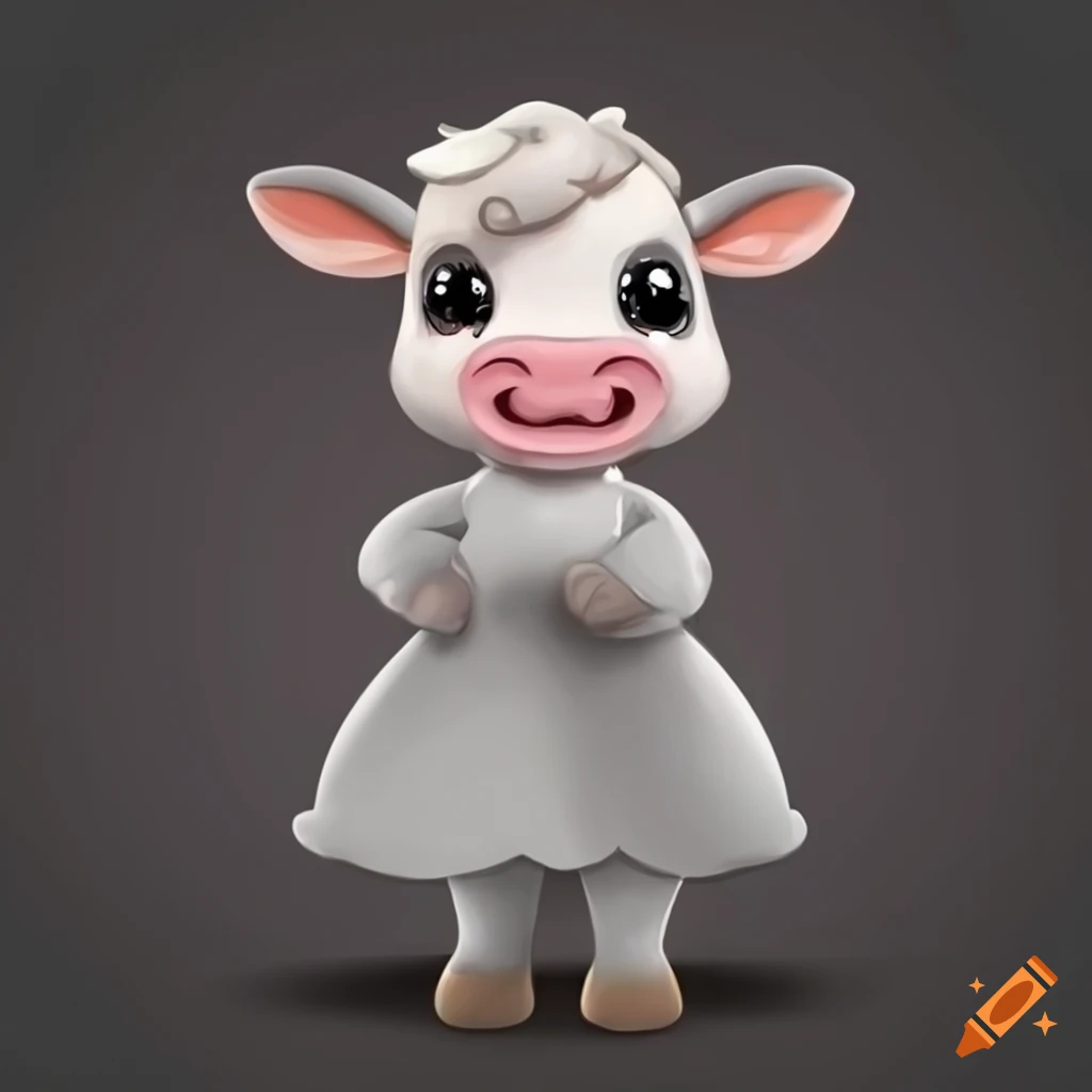 Adorable cartoon baby cow in a light gray dress