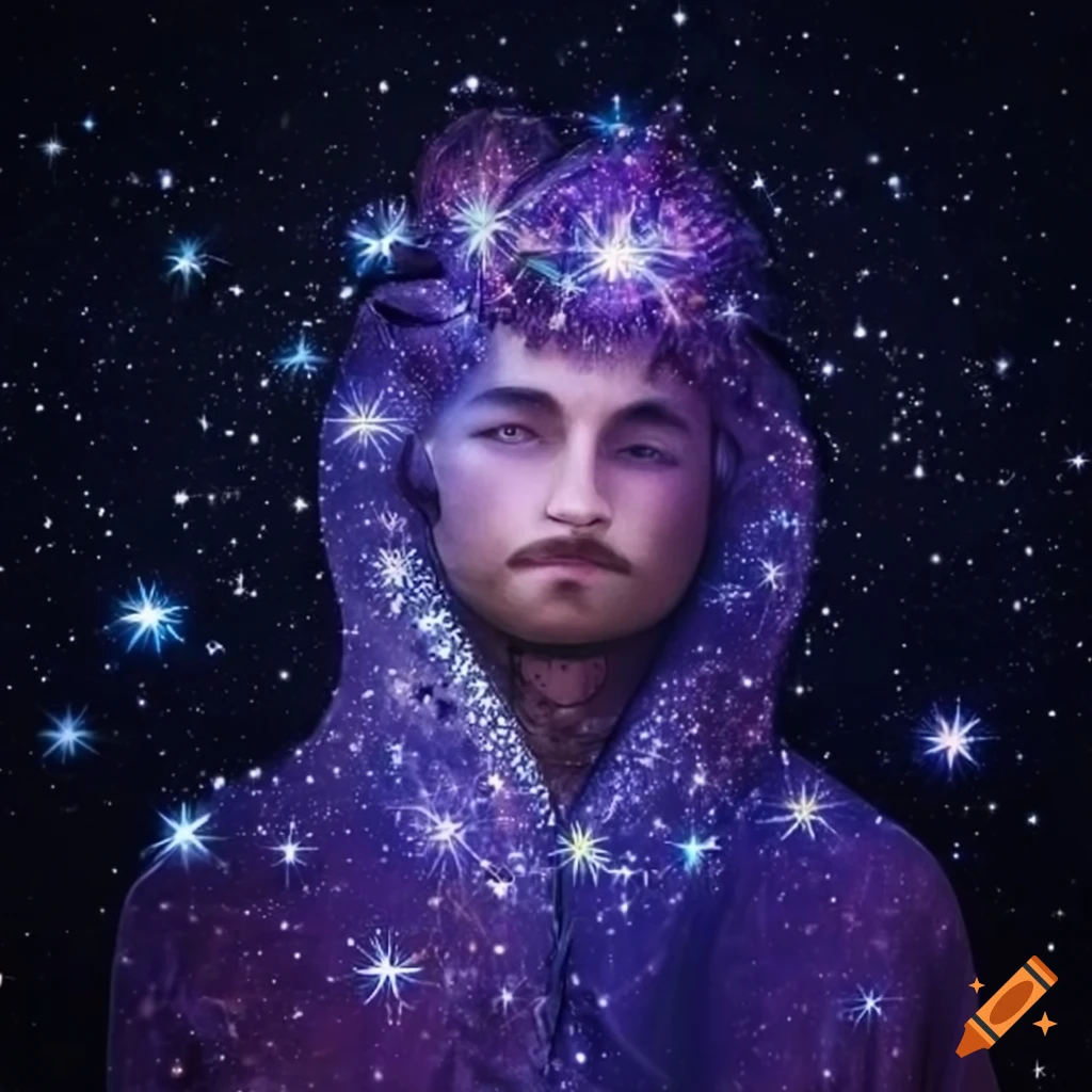 Man in starry robes and flower crown surrounded by constellations in space at white gates