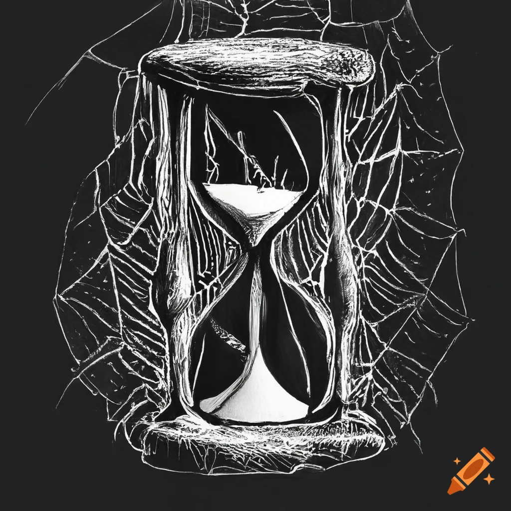 Ink drawing with hourglass and spiderweb in a dark setting