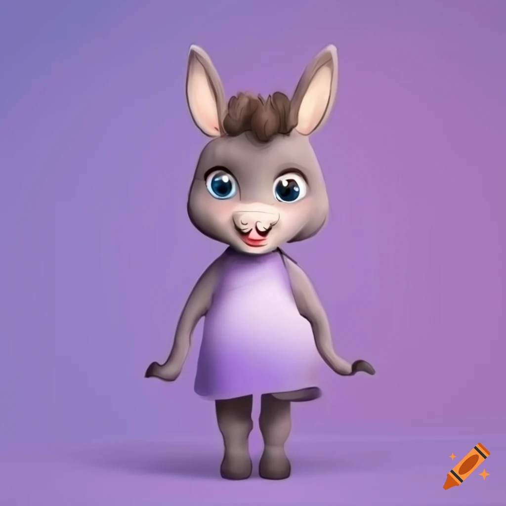 Cute baby girl anthropomorphic cartoon gray donkey in a light purple dress standing
