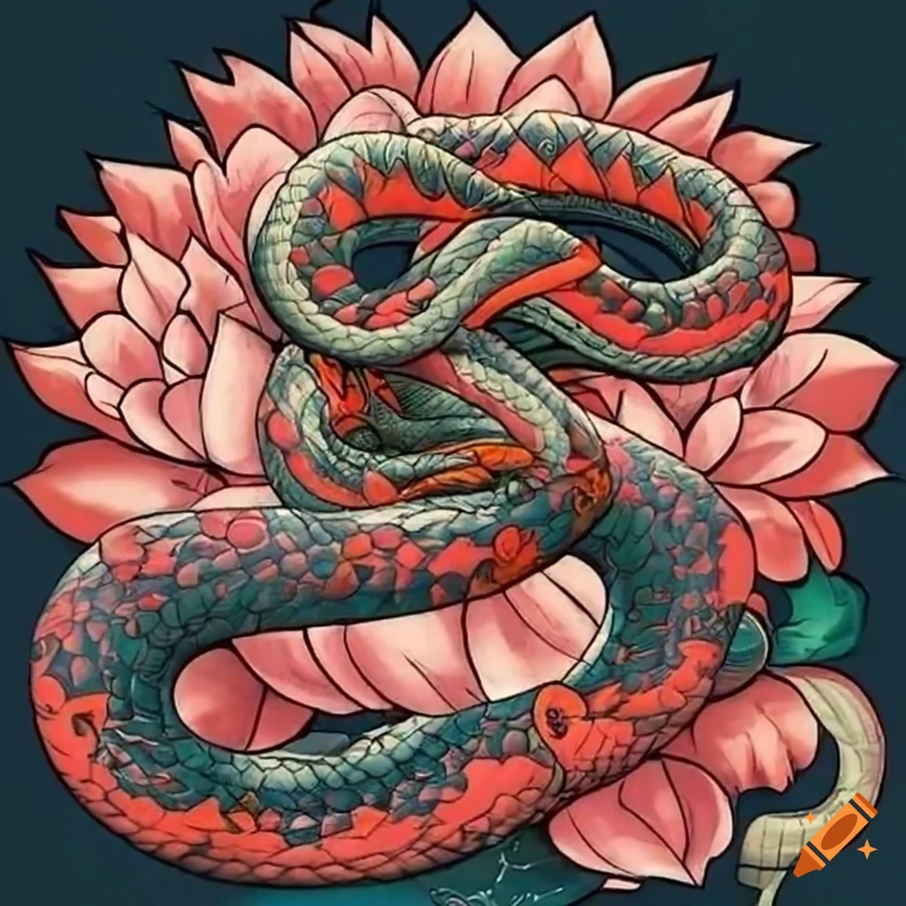 Japanese tattoo design with snake among lotus flowers
