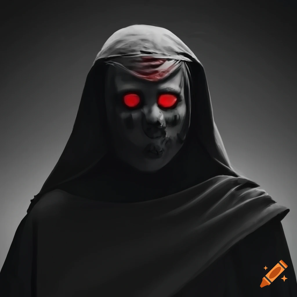 Face covered with a black robe and red eyes on Craiyon
