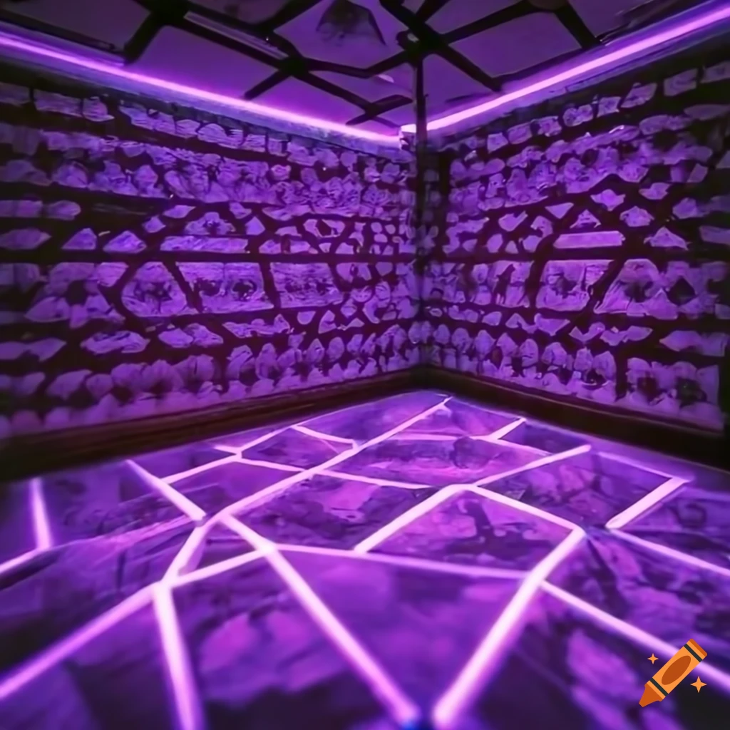 Party scene in a basement with purple lights and geometric patterns on walls