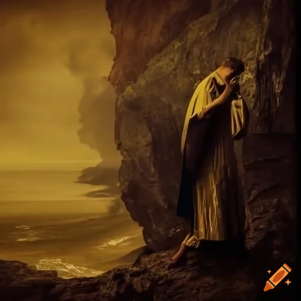Dramatic scene of an ancient prisoner in golden robes shackled to a cliffside near the sea