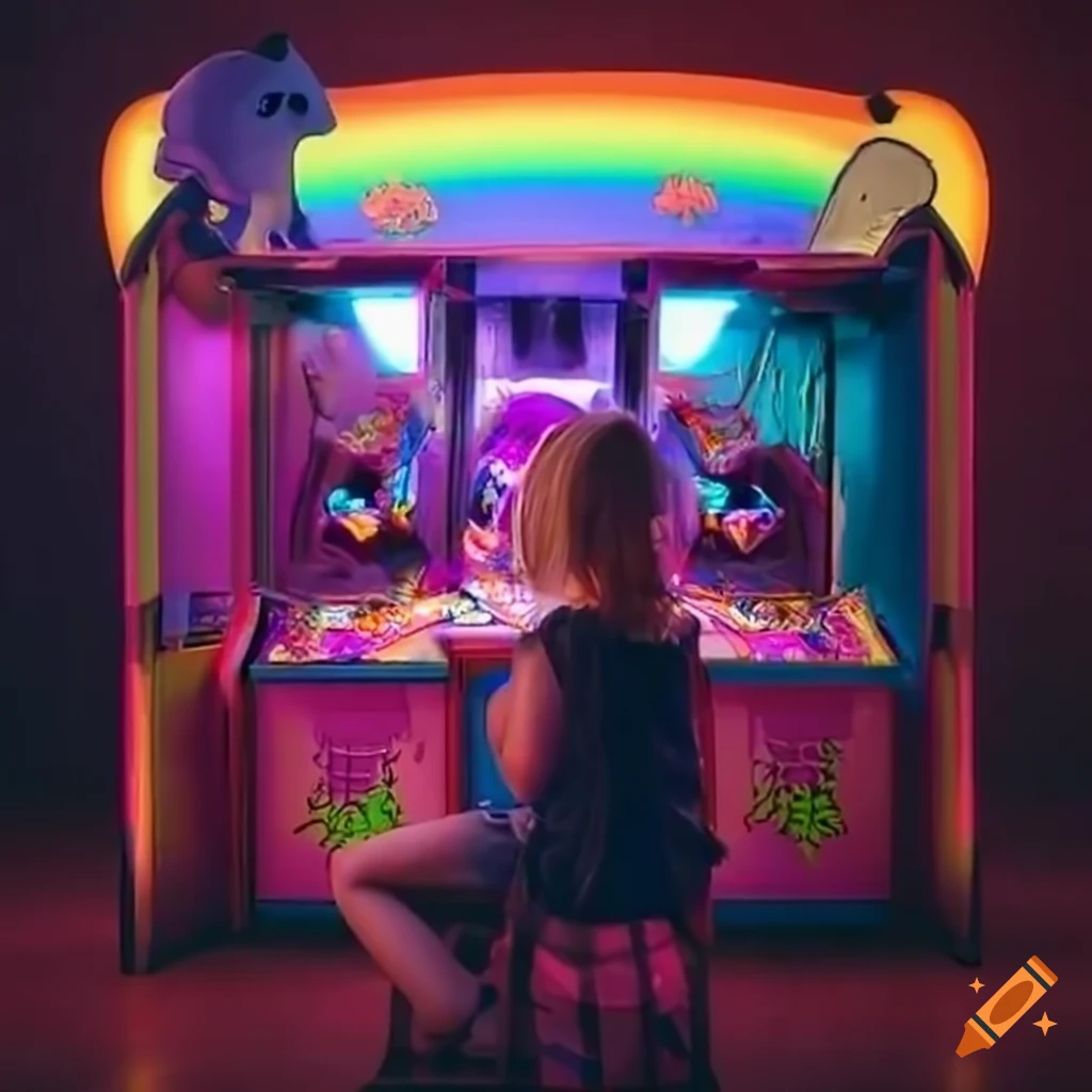 Girl playing claw machine arcade with rainbows and unicorns on Craiyon