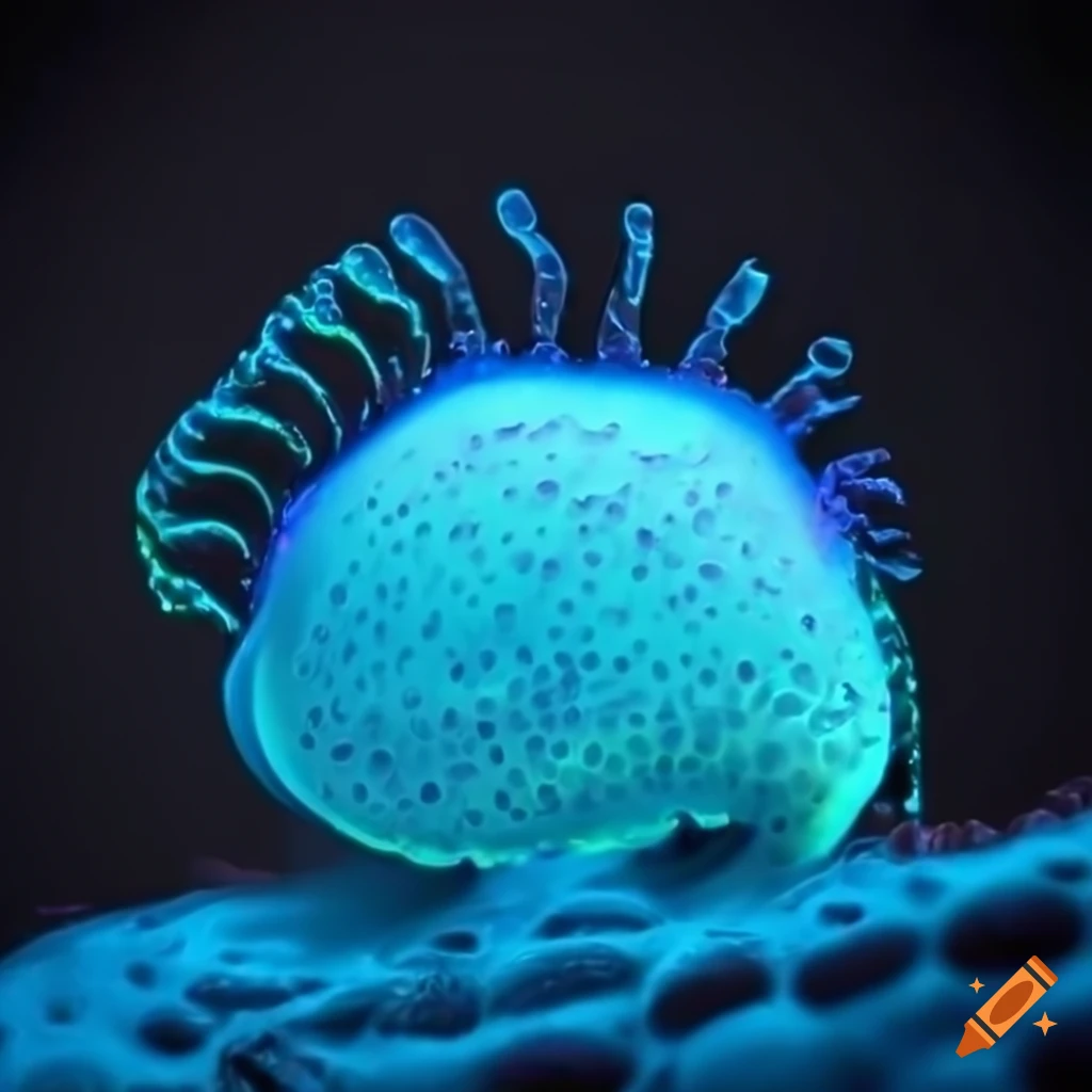 High-resolution image of an animal cell with proteins on its surface against a black background