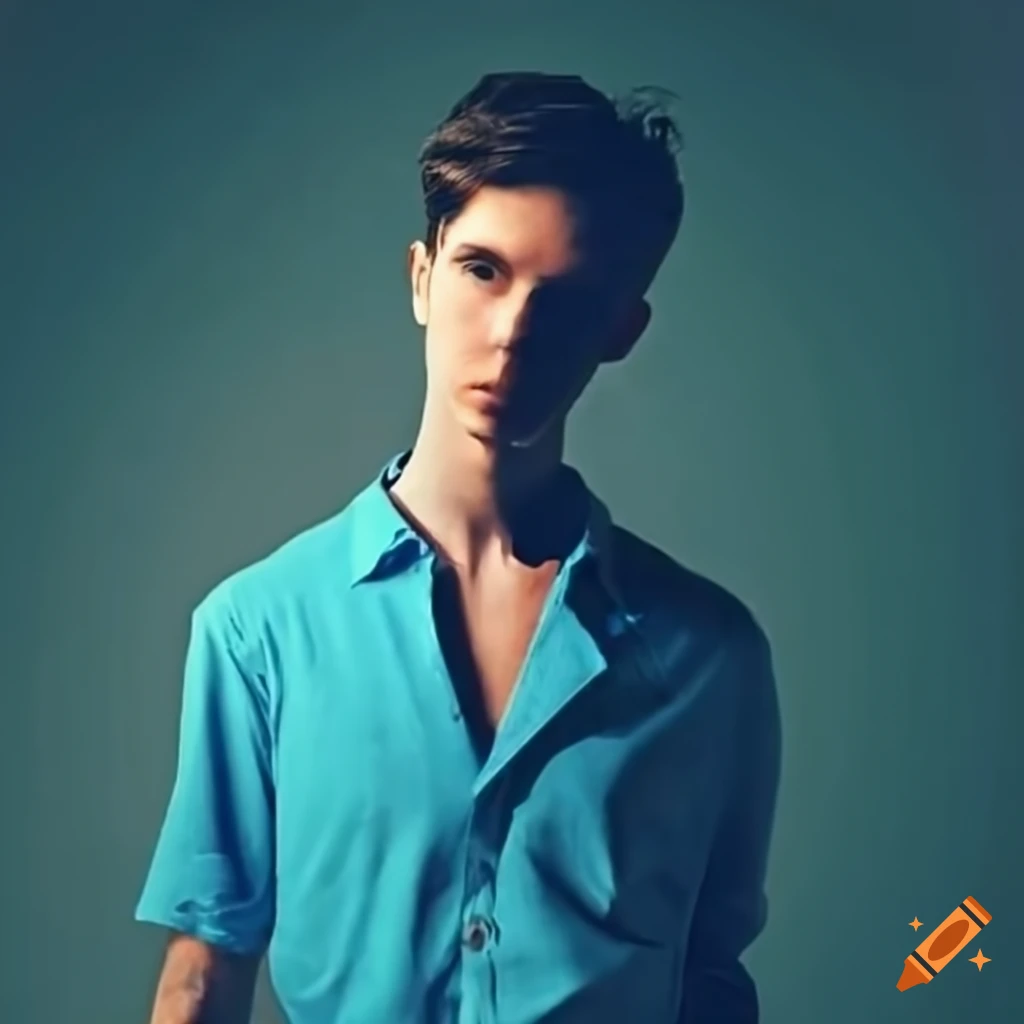 Man in a blue shirt on a city street