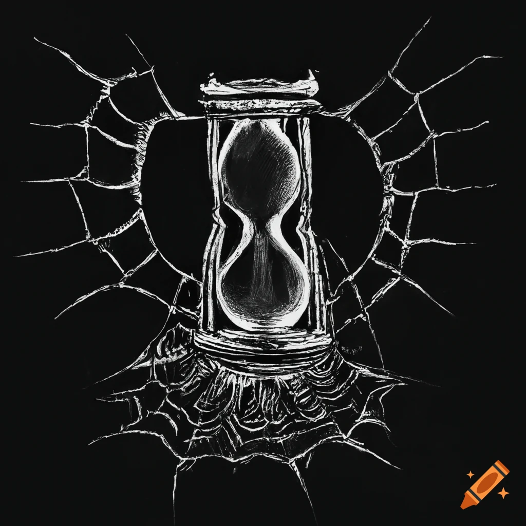 Ink drawing with hourglass and spiderweb in a dark setting