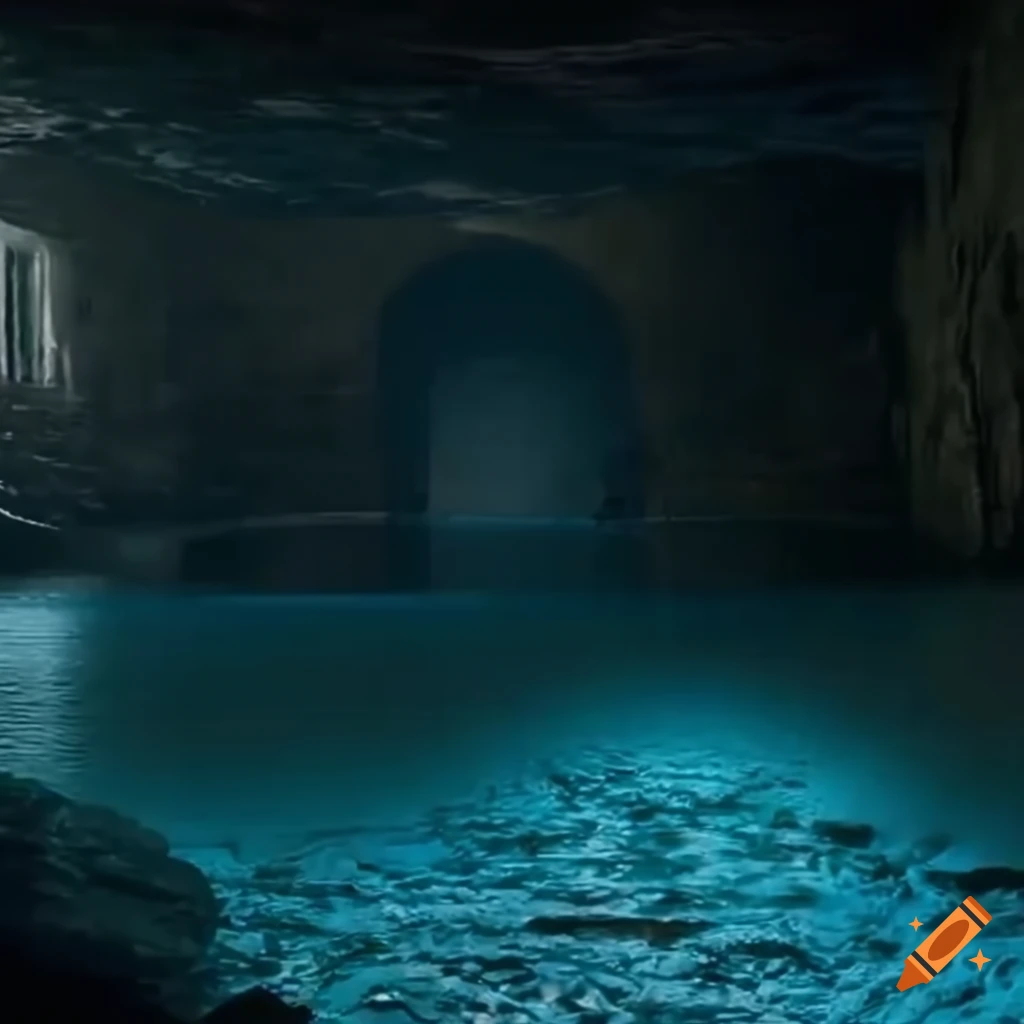 Underground room with rushing water and stones blocking the way