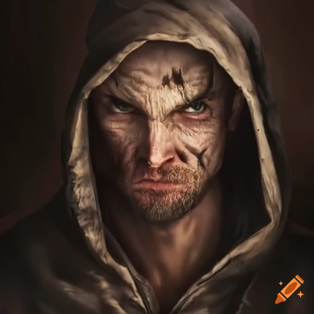 Fantasy man bandit in rags with a dagger, hooded face