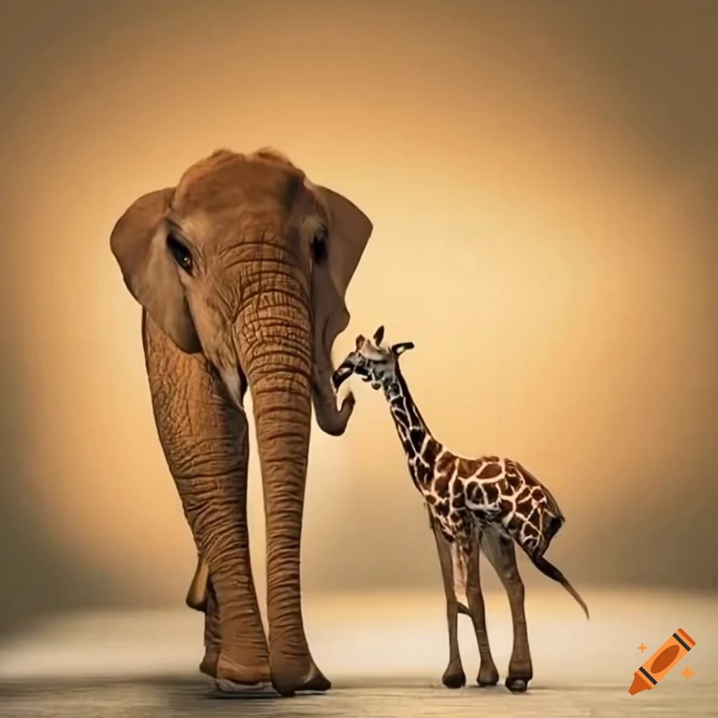 Short giraffe and elephant standing together in a spacious room