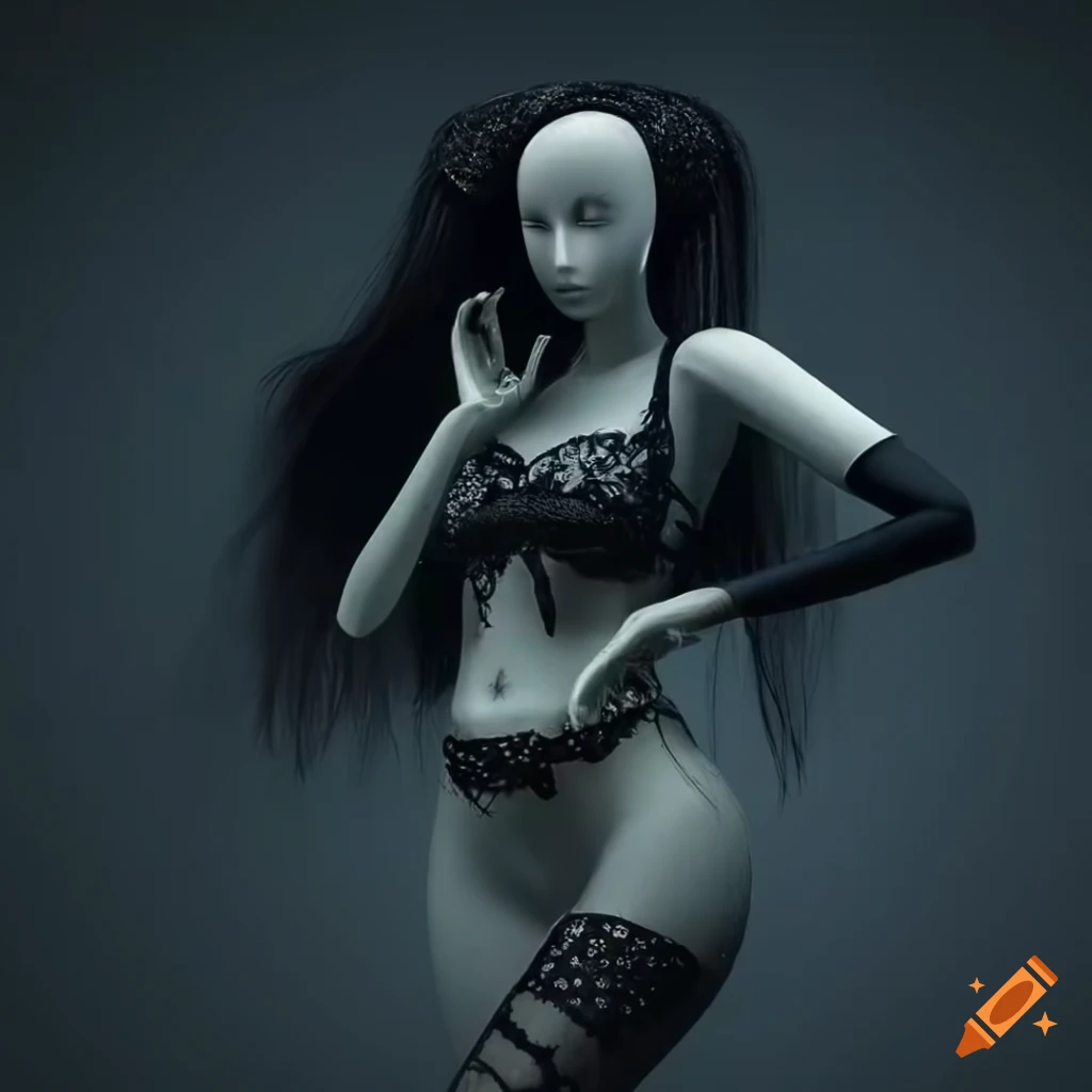 Female mannequin with detailed belly button and long black hair