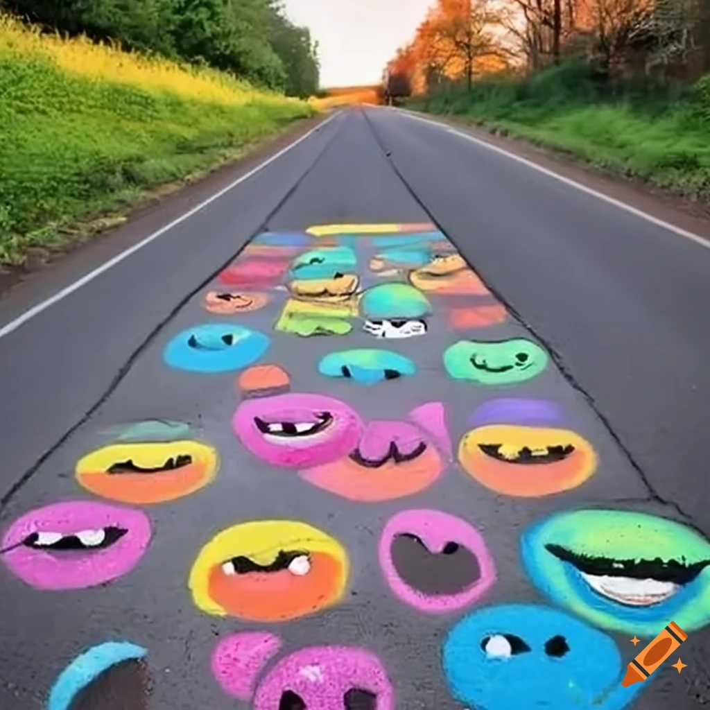 Street chalk art smiles on a country road