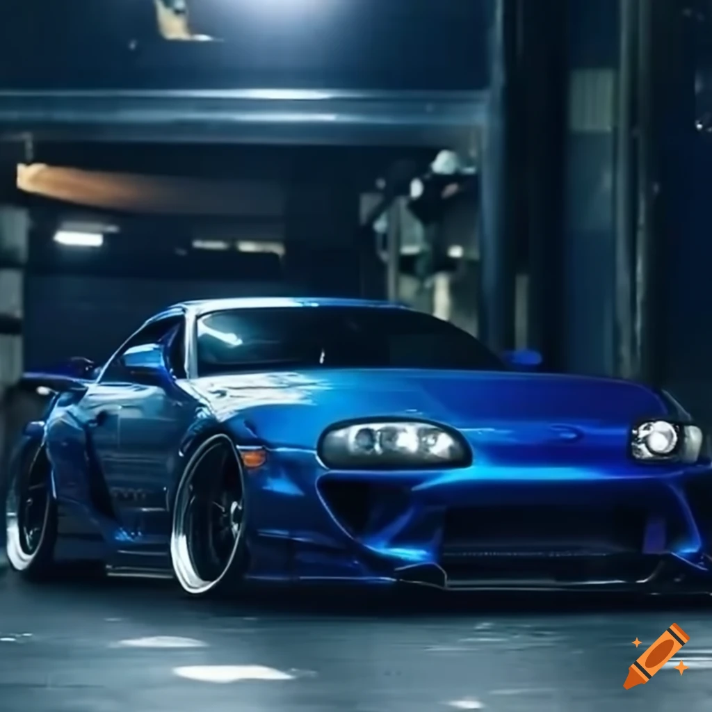 Dark blue Supra drifting in Tokyo urban parking lot