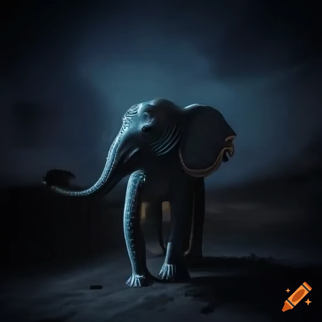 Eerie carousel elephant with trunk raised in dimly lit night landscape