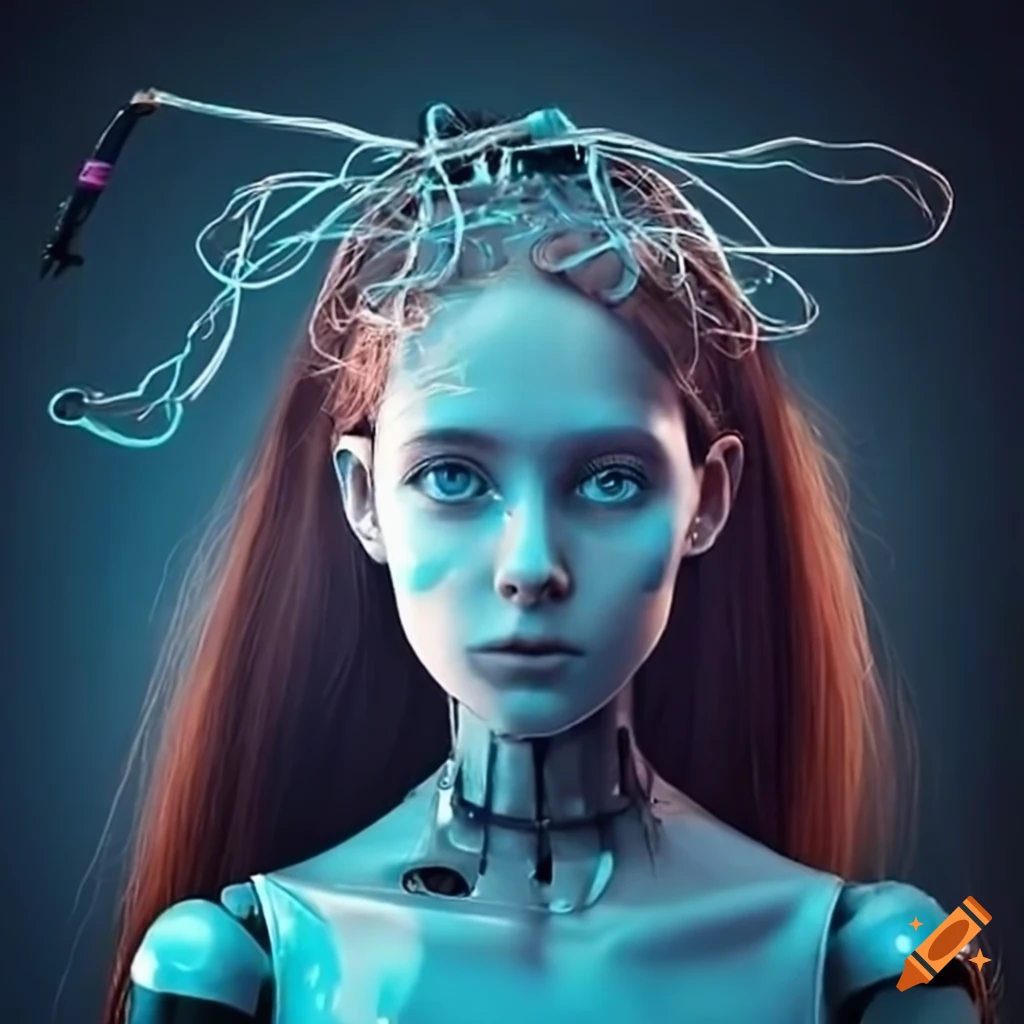 Girl with half-robot featuring circuits, wires, and metal parts