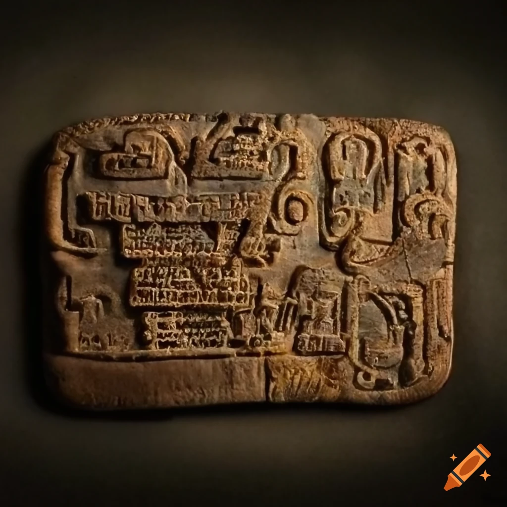 The Tablet of the Ancients with unknown script in an underground setting inspired by Sherry Akrami and Zeynep Akgun