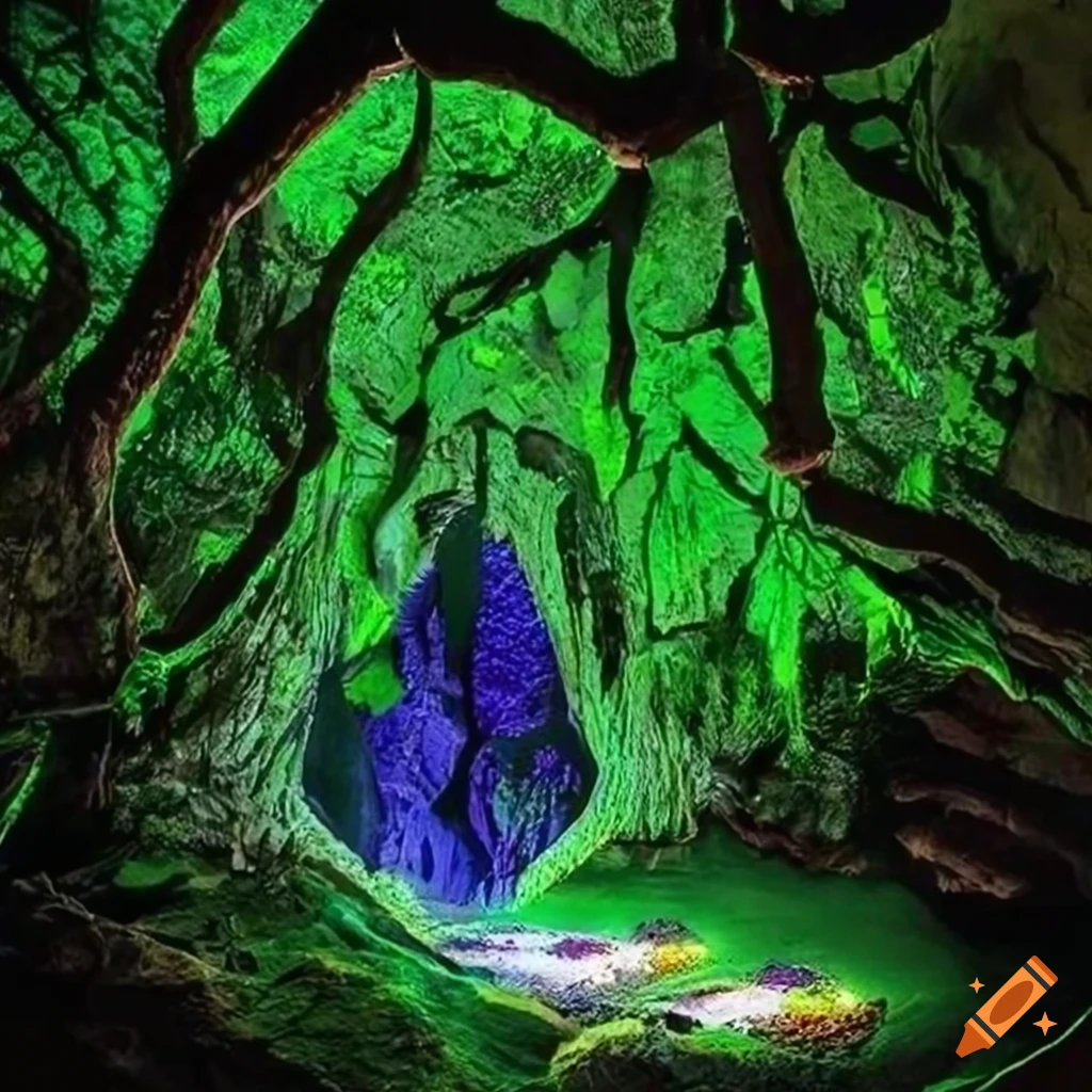 Enchanting cave entrance in the heart of a hidden forest with glowing ...