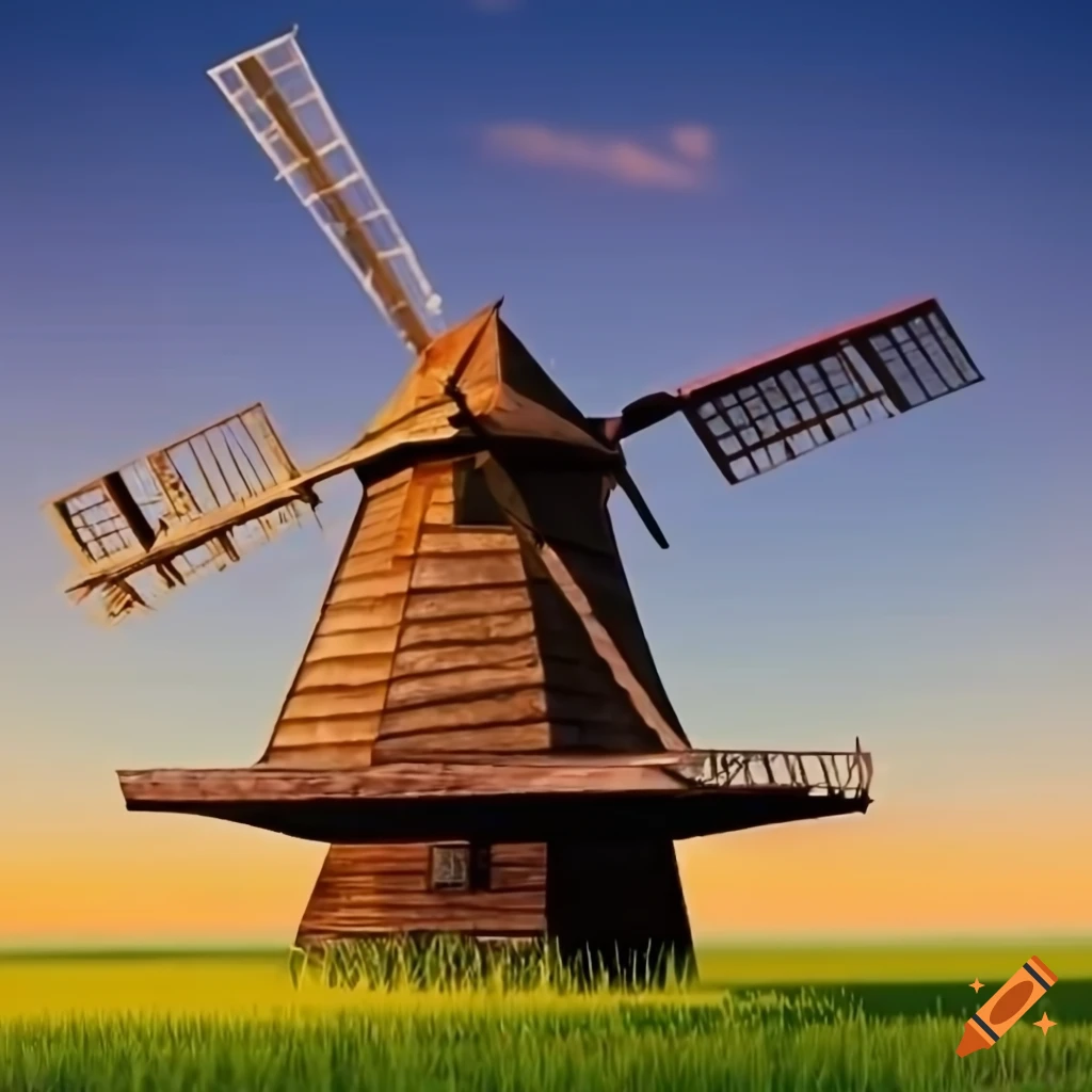 Elegant wooden windmill with four long symmetrical blades in a bright meadow setting