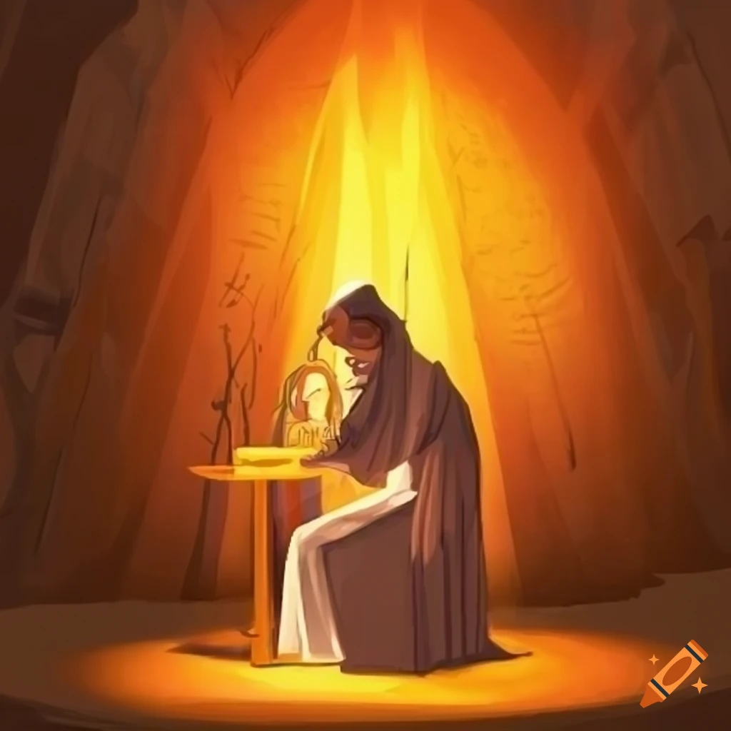Person from 7th century b.c using a magnifying glass to concentrate sun's rays in isometric view