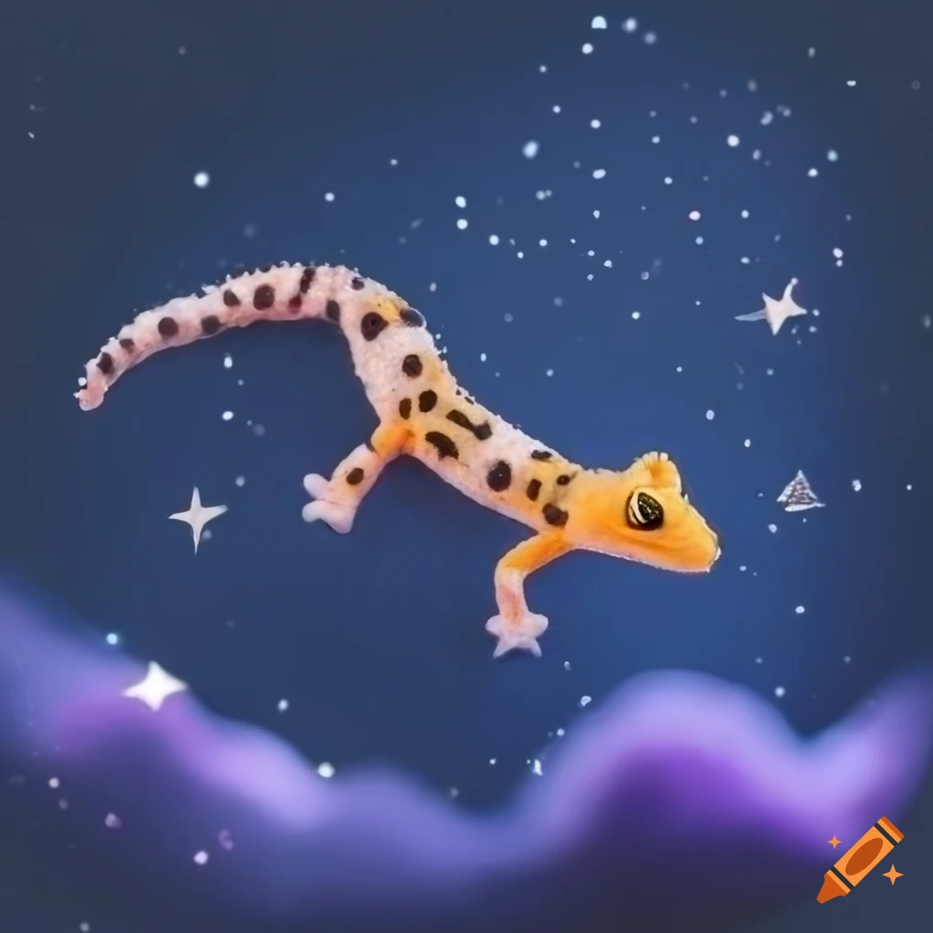 Needle felt leopard gecko flying through night sky diorama with stars and clouds