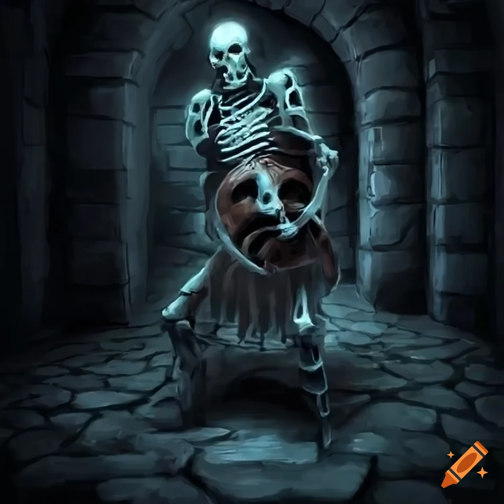 Skeleton warrior in a dungeon hallway