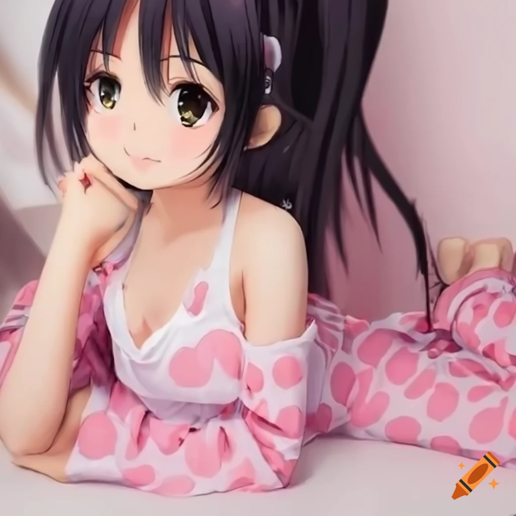Cute anime girl with long black hair in pajamas