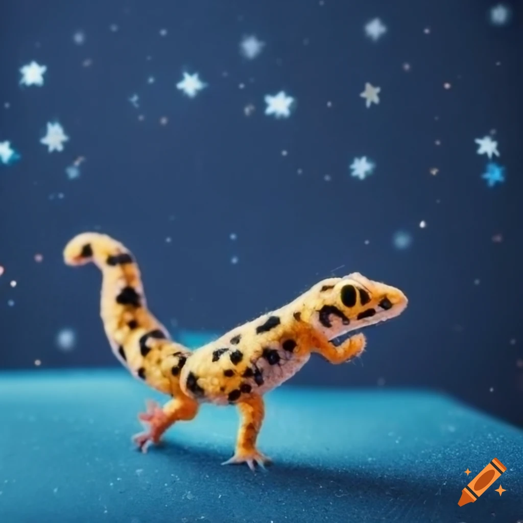 Needle felt leopard gecko flying through night sky with paper background