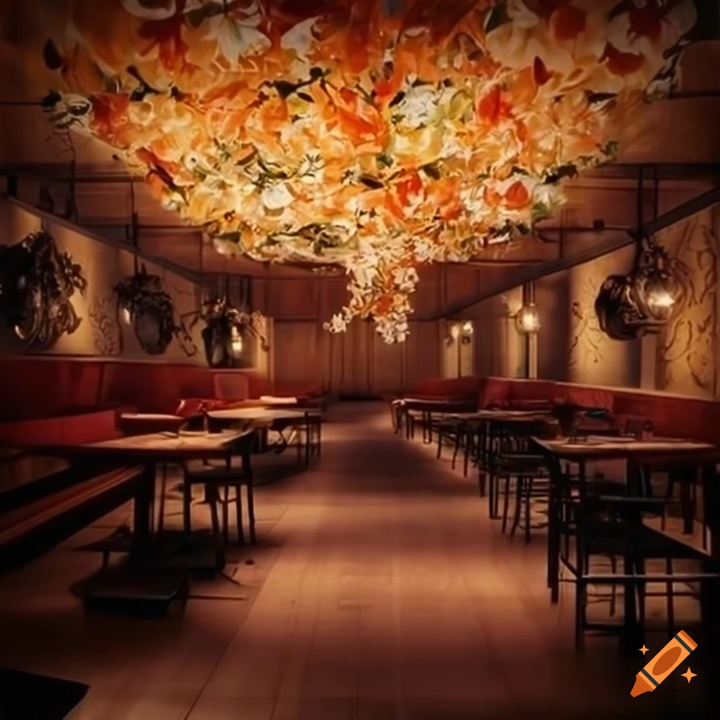 Small restaurant with hanging flowers decoration on Craiyon