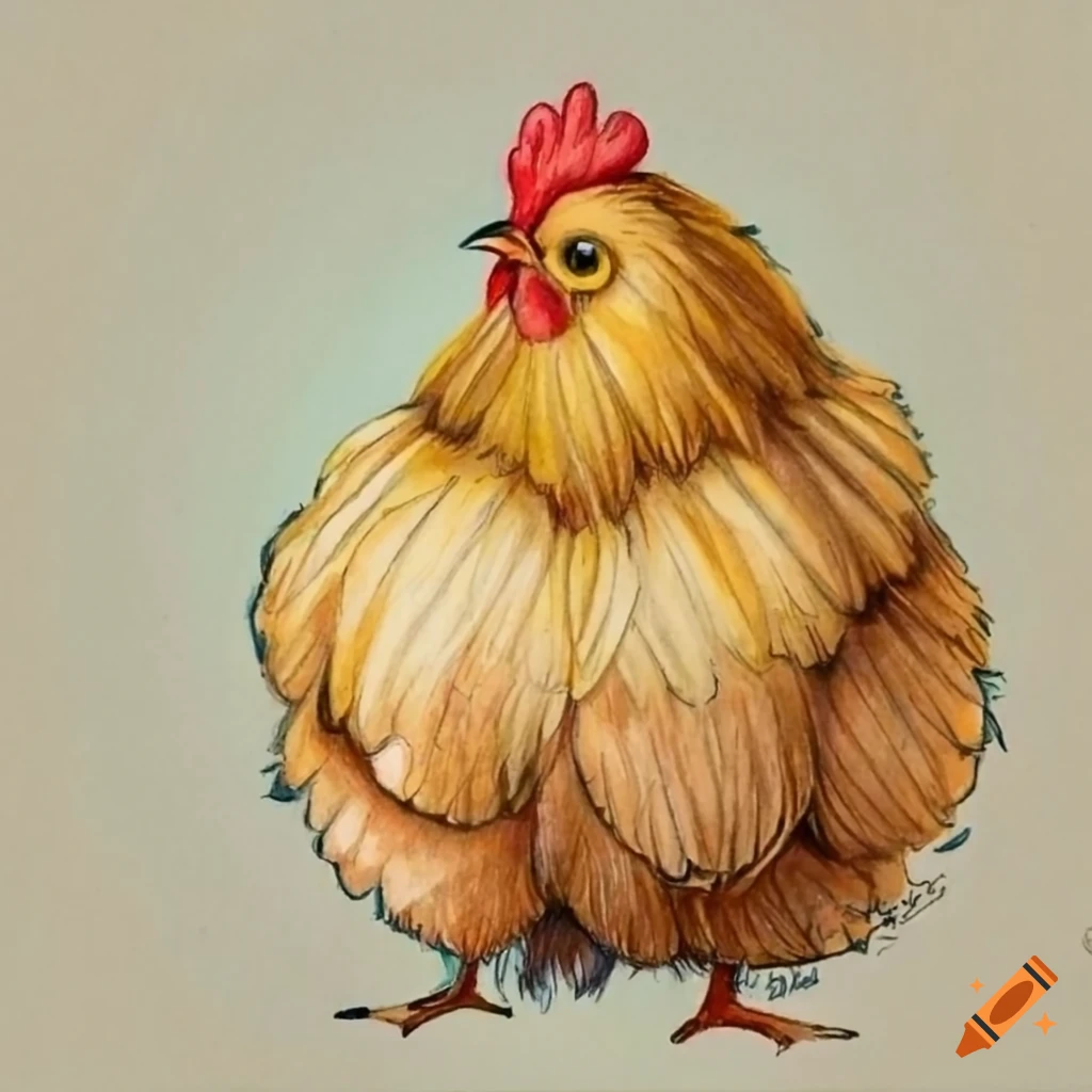 Colorful pencil drawing of a round and fluffy fat chicken