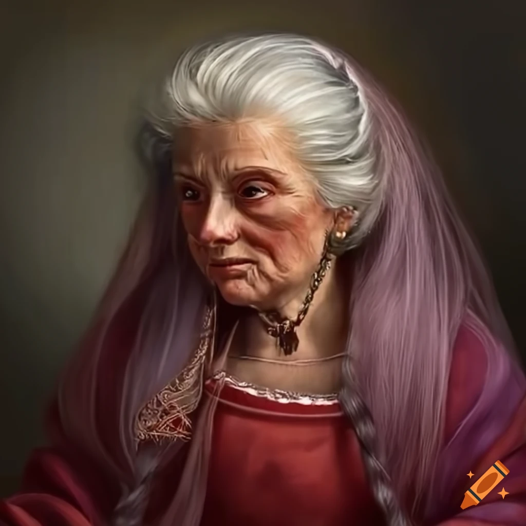 Affectionately aged lady with a Rapunzel braid adorned with violet and crimson ribbons