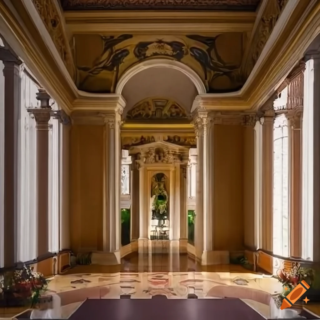 Ornate italian villa facade with columns, statuesque details, and