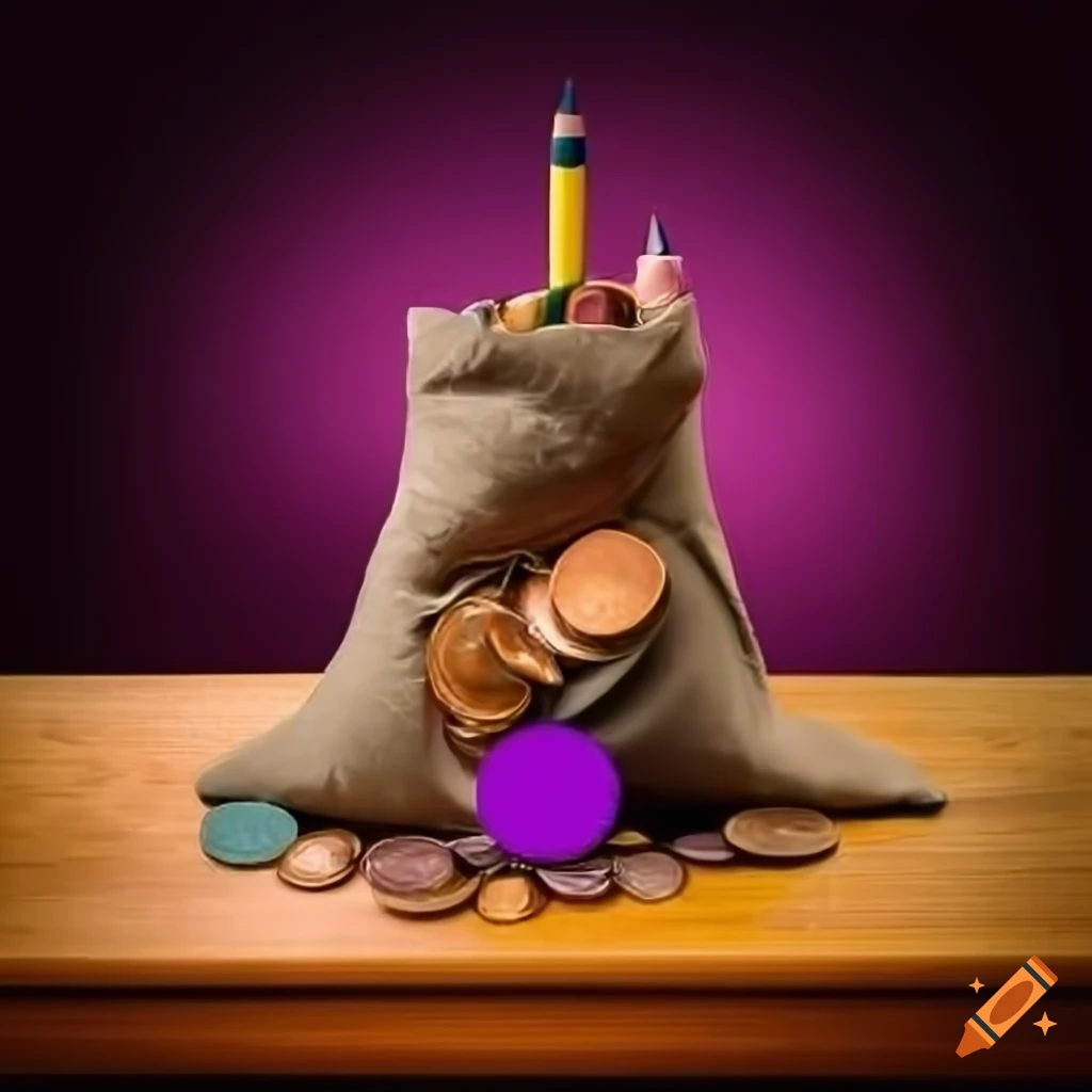 Two farmers with a bag of purple coins at a bar