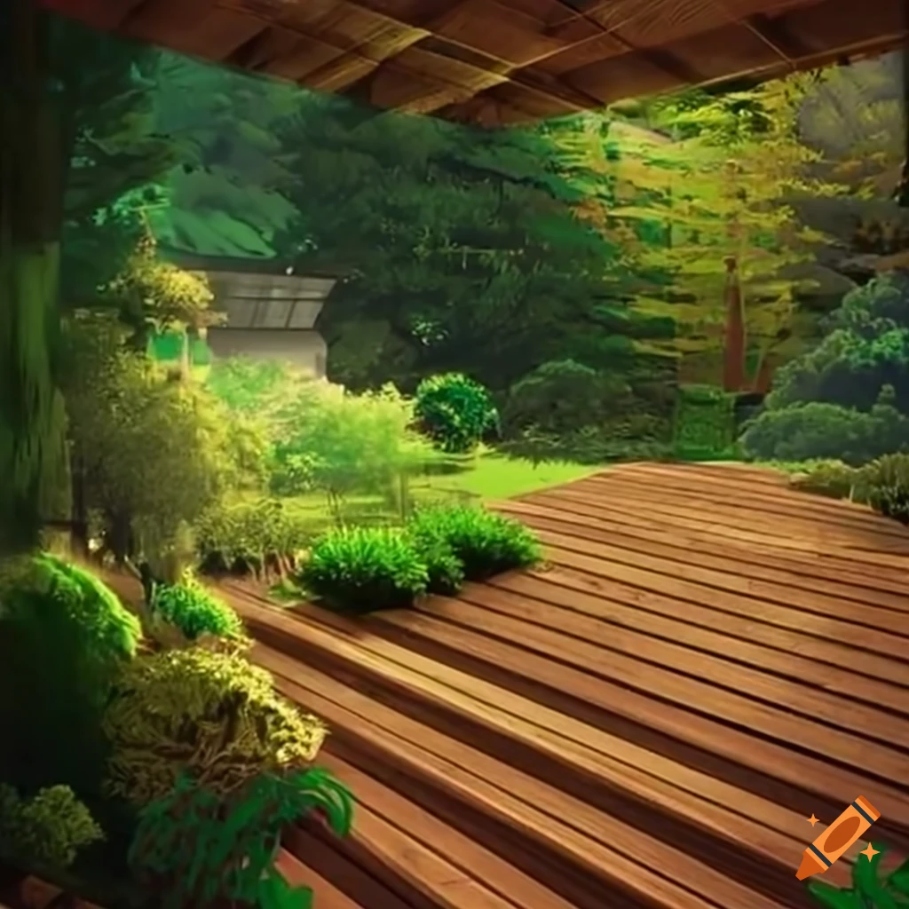Modern garden with landscape gardener building a wooden deck
