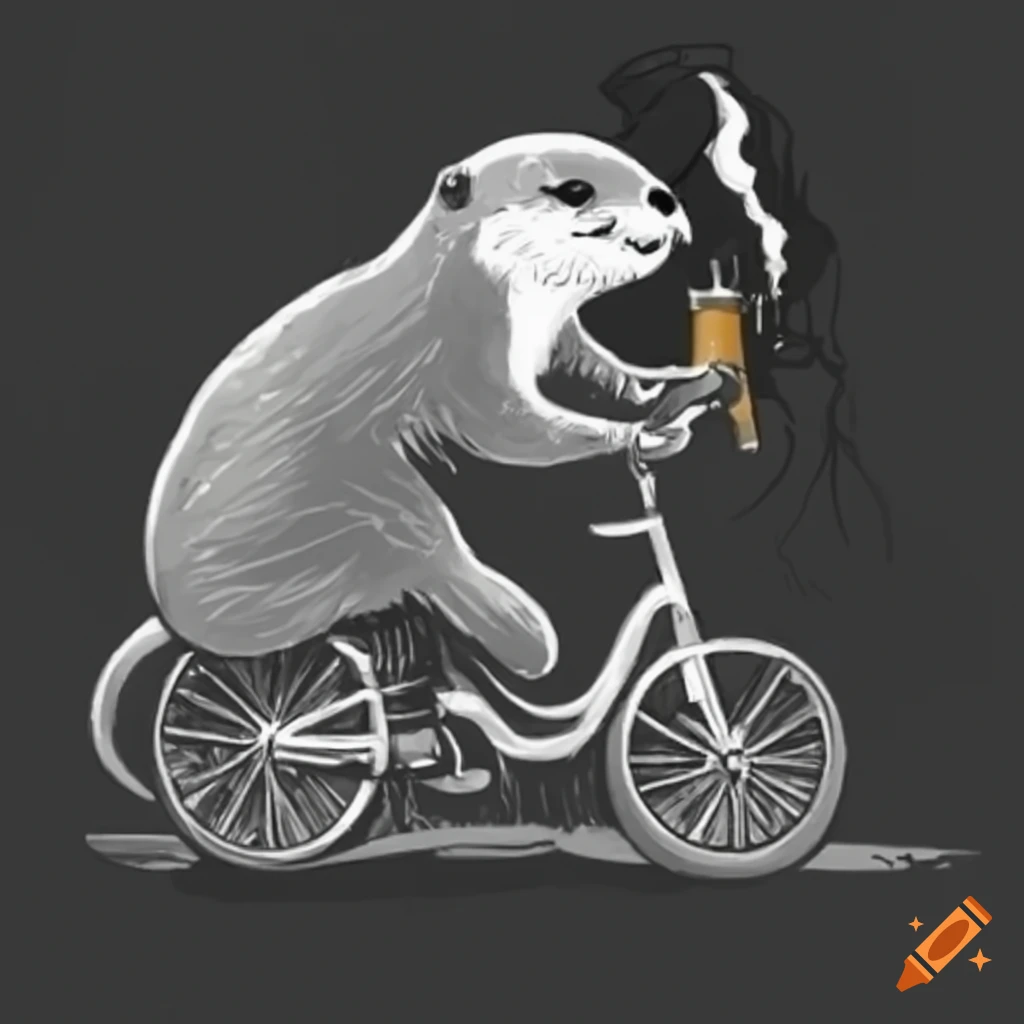 Otter riding a bicycle with vape and beer