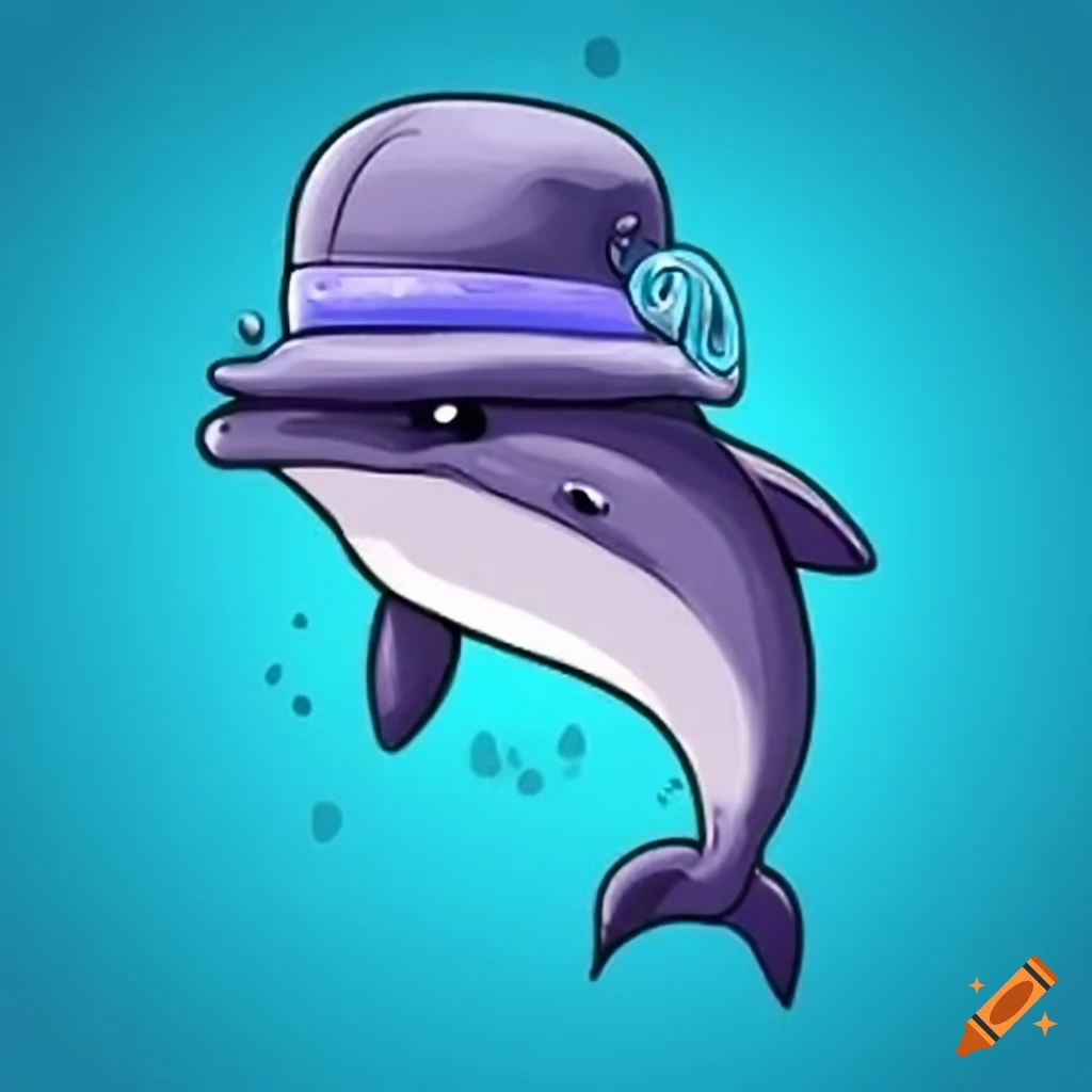 Sad dolphin with a hat and lonely eyes against a blue backdrop