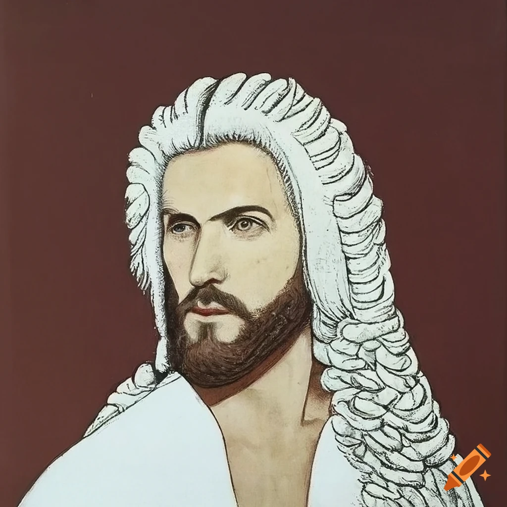 Portrait of bearded Jesus Christ with white wig by Patrick Nagel on Craiyon