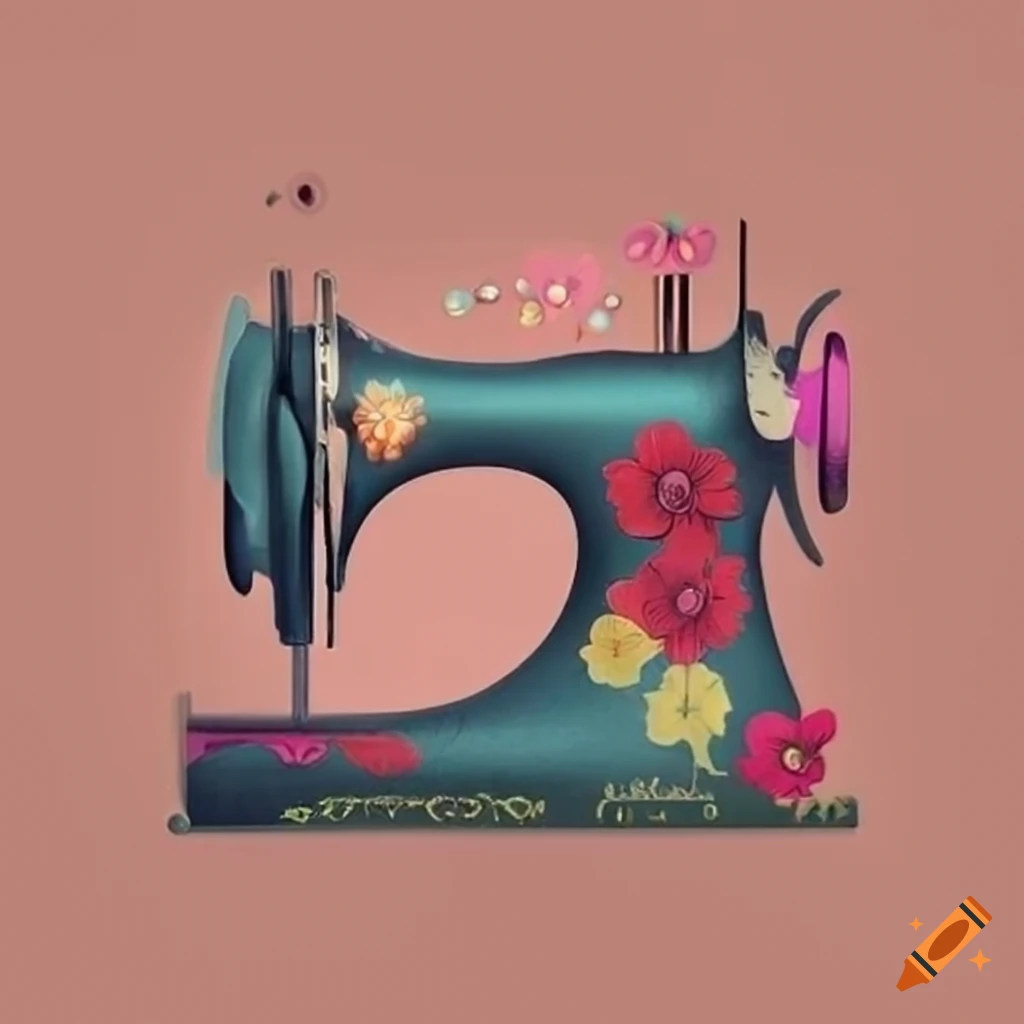 Sewing logo with machine, flowers, and needle