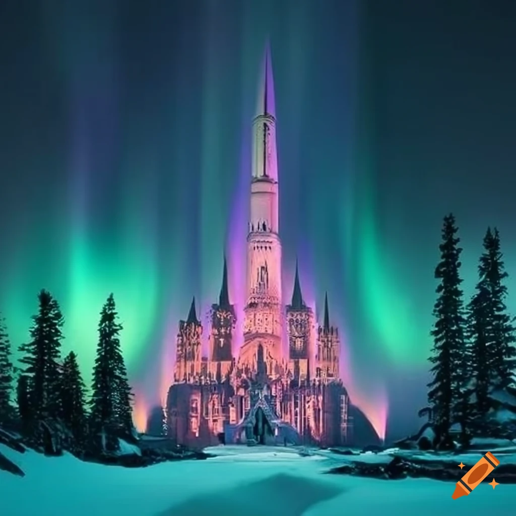 Dreamy palace under the aurora borealis