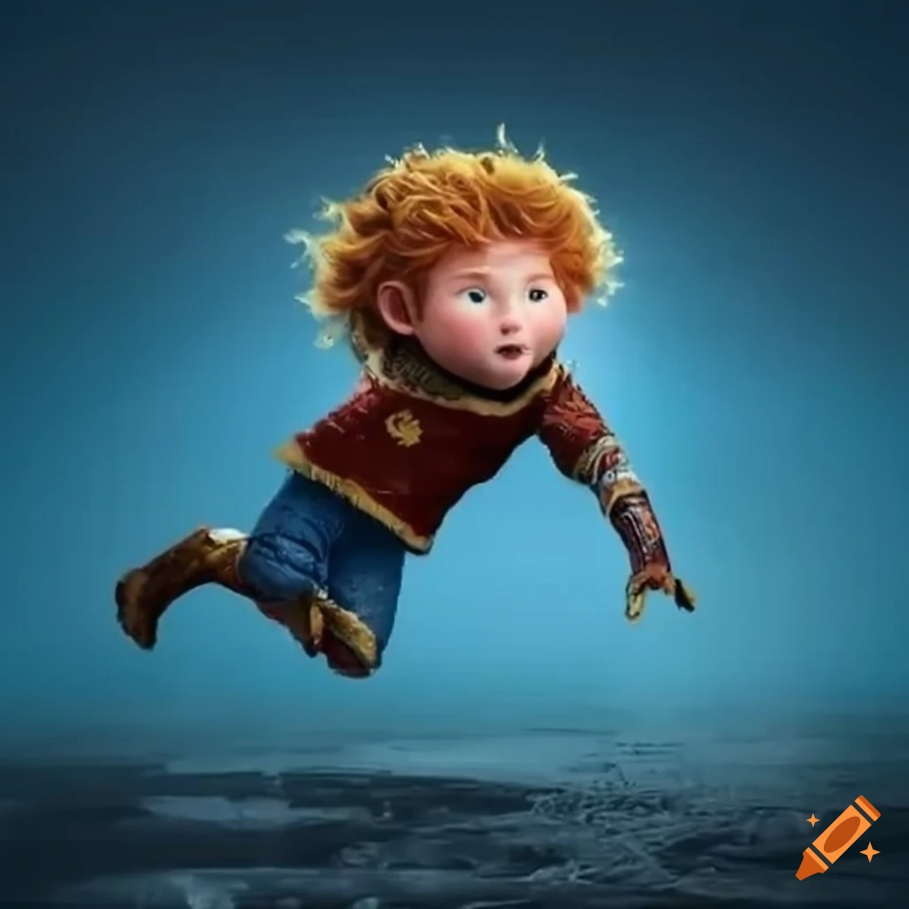 Brave boy in poor attire jumping on ice with people watching