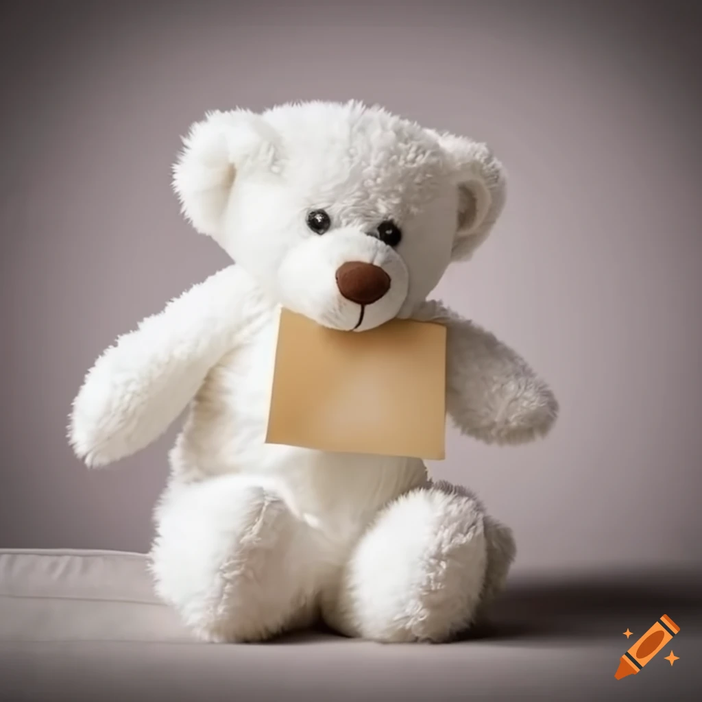 Fluffy white teddy bear holding a letter on a couch
