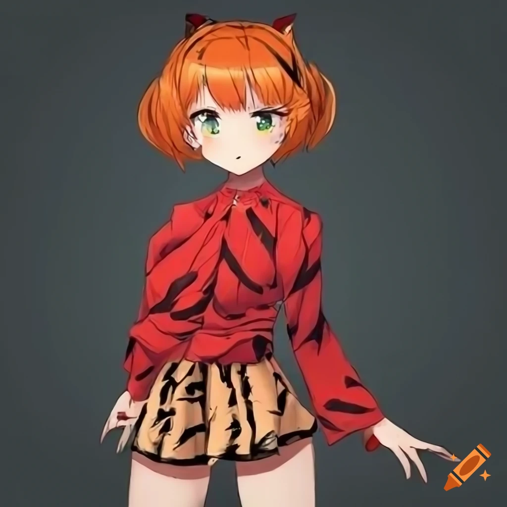 Cheerful anime girl with orange hair and green eyes in red blouse and ...