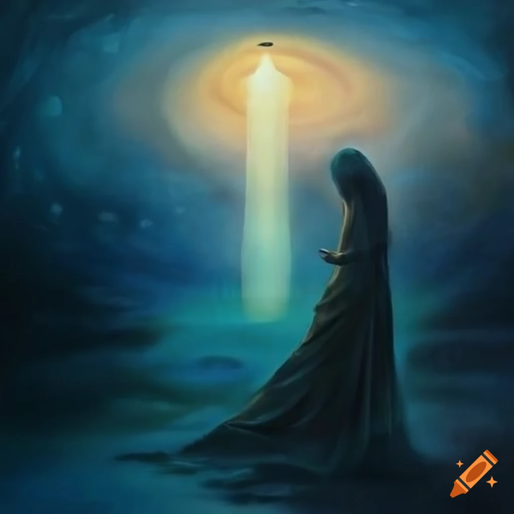 Ethereal spirits emerging from a beacon of light in a surrealistic painting