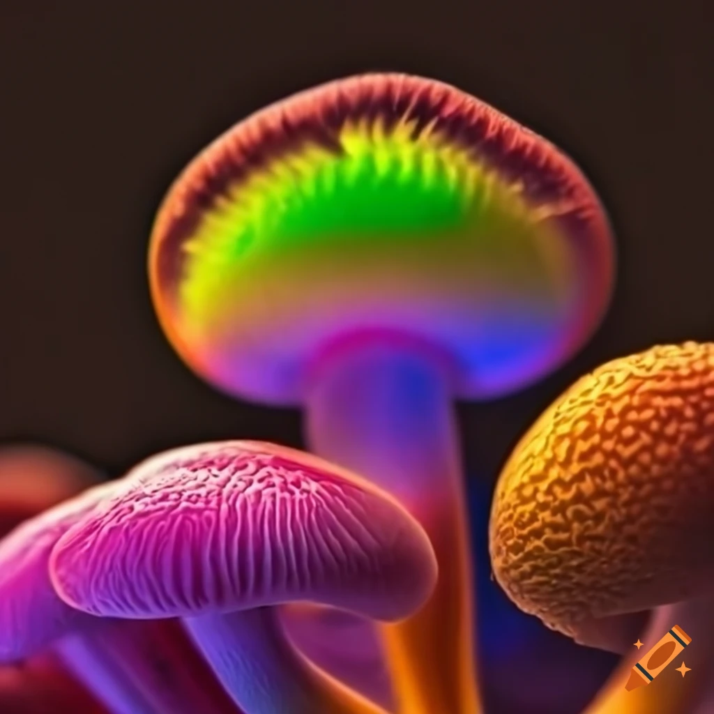 Colorful psilocybin mushroom caps in a microscopic view