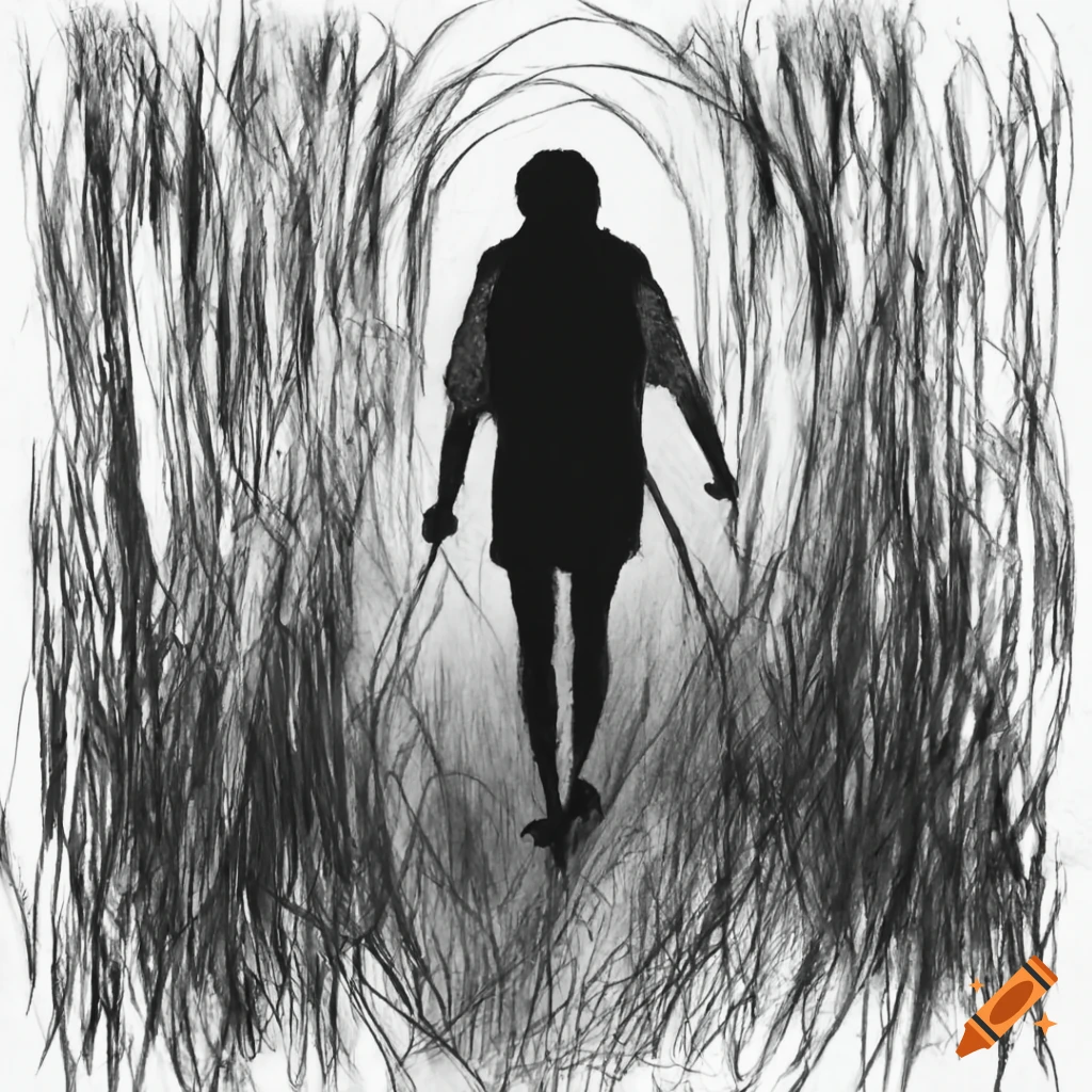 POV through grass in charcoal drawing