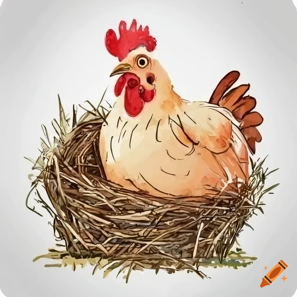 Chicken on hay with one egg, side view watercolor illustration