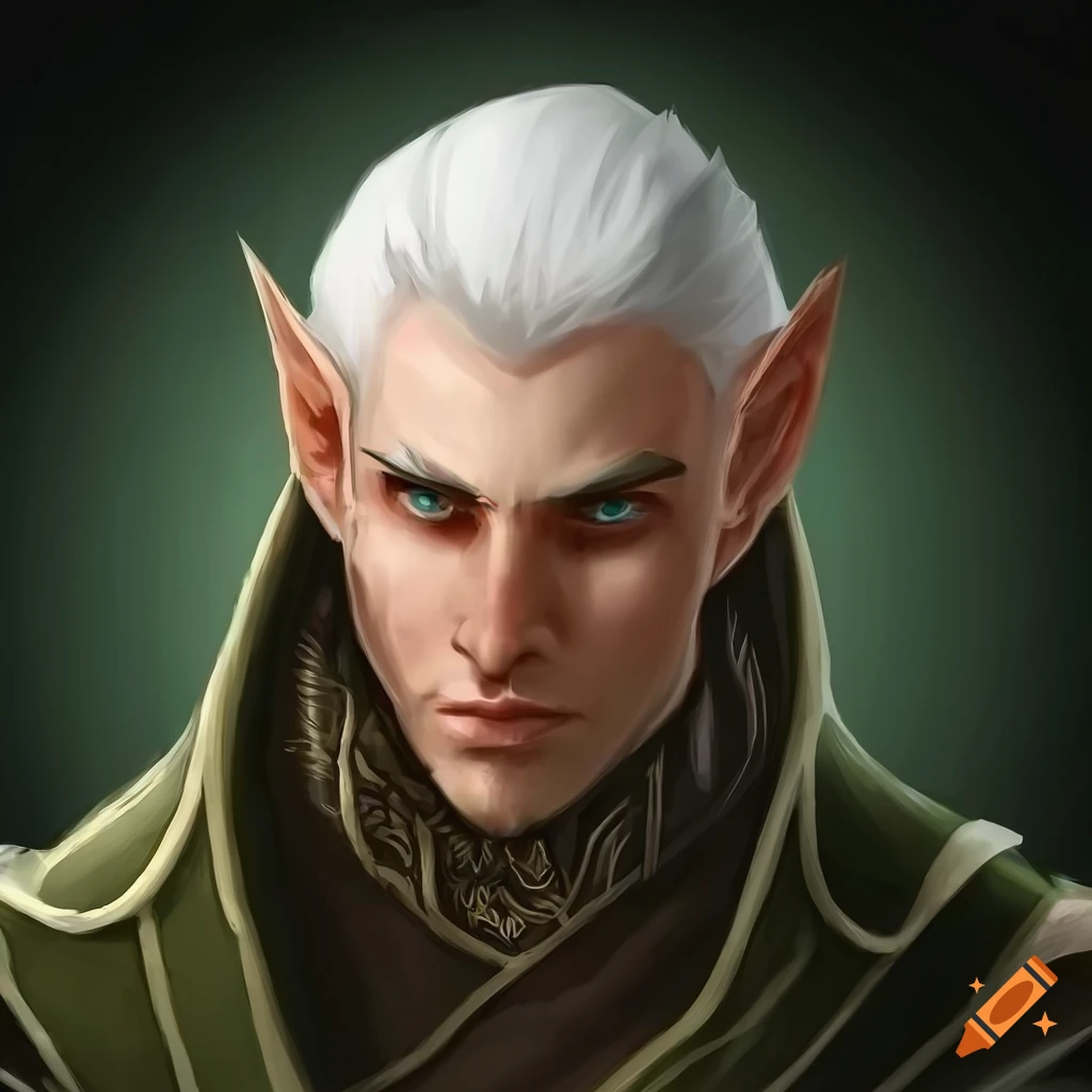 Male elven sorcerer with white hair strolling through a fantasy town on ...