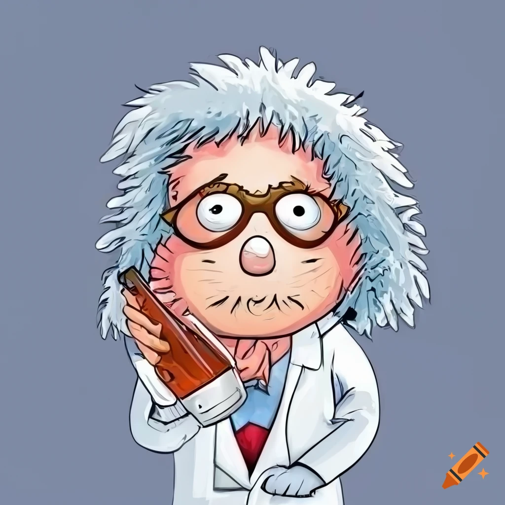 Colorful cartoon of a scruffy scientist in a laboratory
