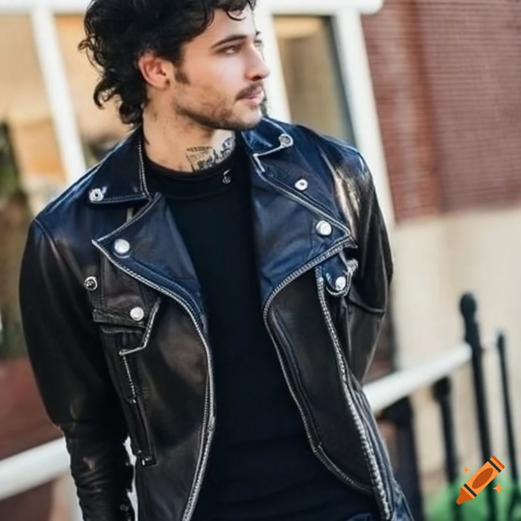 Stylish men's outfit with leather jacket and punk details