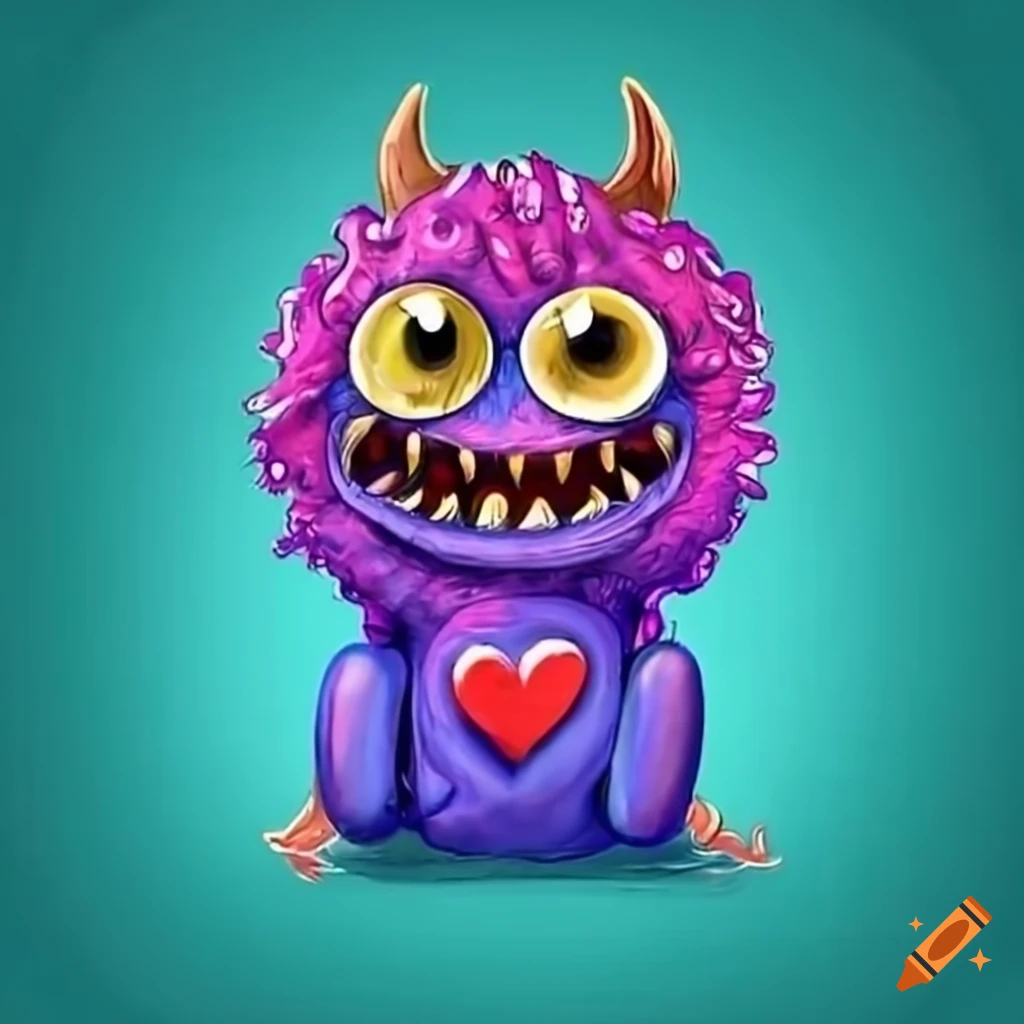 Cute blue monster with a heart and boxing gloves